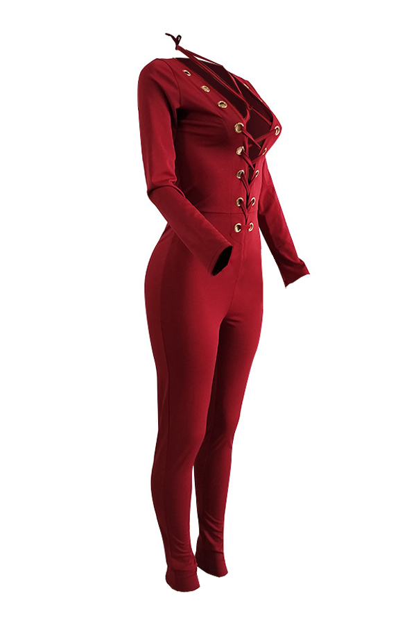  Sexy Deep V Neck Lace-up Red Polyester One-piece Jumpsuits