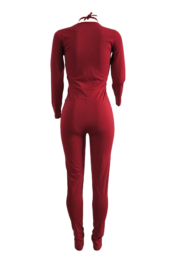  Sexy Deep V Neck Lace-up Red Polyester One-piece Jumpsuits