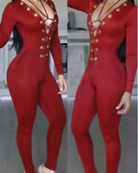  Sexy Deep V Neck Lace-up Red Polyester One-piece Jumpsuits