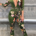  Sexy Deep V Neck Printed Green Polyester One-piece Jumpsuits