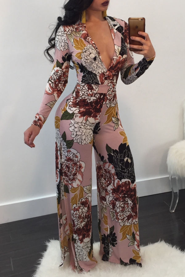  Sexy Deep V Neck Printed Polyester One-piece Jumpsuits