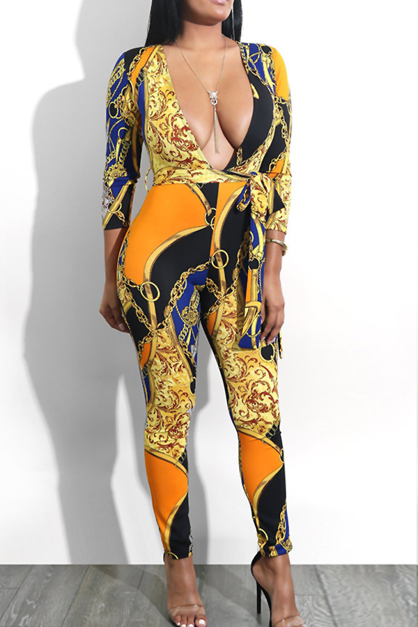  Sexy Deep V Neck Printed Yellow Polyester One-piece Jumpsuits