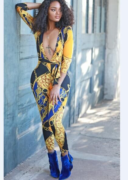  Sexy Deep V Neck Printed Yellow Polyester One-piece Jumpsuits