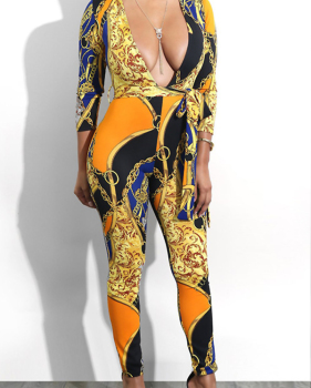  Sexy Deep V Neck Printed Yellow Polyester One-piece Jumpsuits