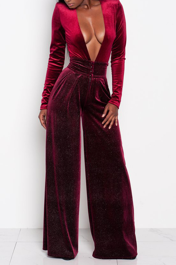  Sexy Deep V Neck Wine Red Velvet One-piece Jumpsuits