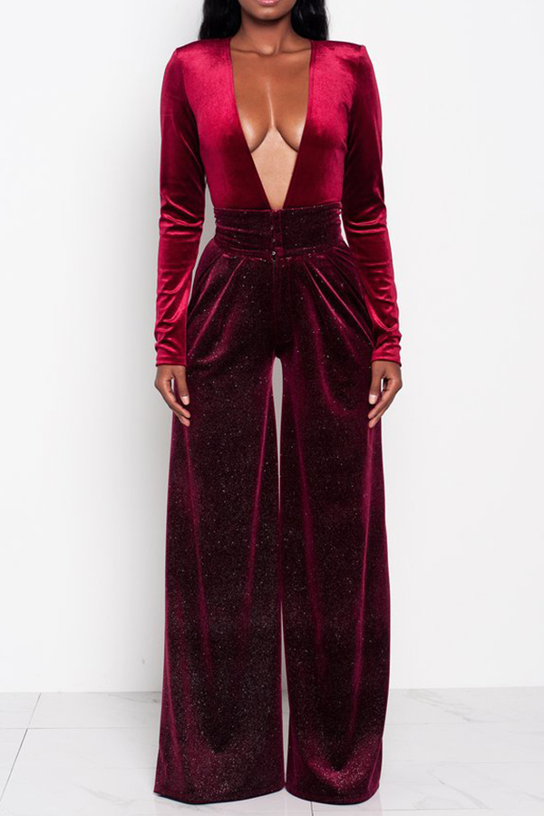  Sexy Deep V Neck Wine Red Velvet One-piece Jumpsuits