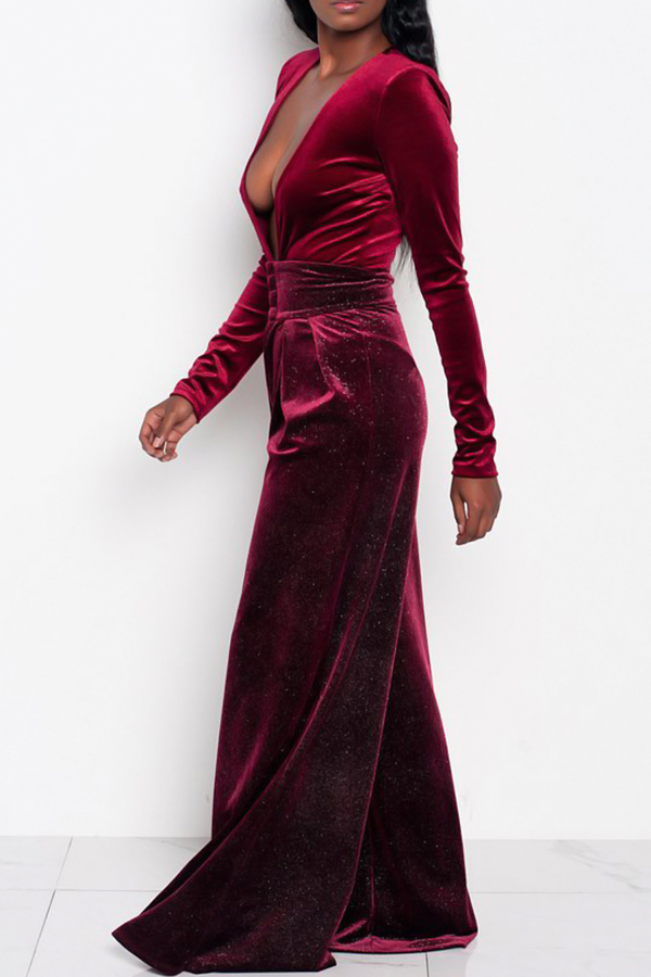  Sexy Deep V Neck Wine Red Velvet One-piece Jumpsuits