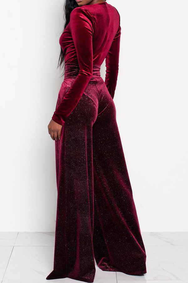  Sexy Deep V Neck Wine Red Velvet One-piece Jumpsuits