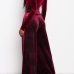  Sexy Deep V Neck Wine Red Velvet One-piece Jumpsuits