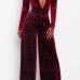  Sexy Deep V Neck Wine Red Velvet One-piece Jumpsuits