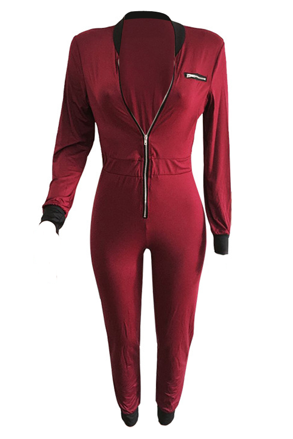  Sexy Deep V Neck Zipper Design Wine Red Polyester One-piece Jumpsuits