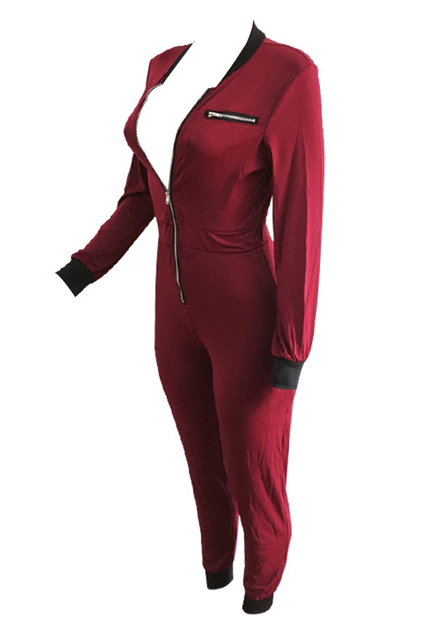  Sexy Deep V Neck Zipper Design Wine Red Polyester One-piece Jumpsuits