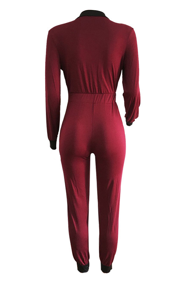  Sexy Deep V Neck Zipper Design Wine Red Polyester One-piece Jumpsuits