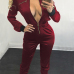  Sexy Deep V Neck Zipper Design Wine Red Polyester One-piece Jumpsuits