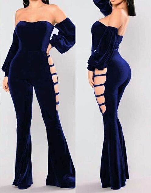  Sexy Dew Shoulder Hollow-out Dark Blue Velvet One-piece Jumpsuits