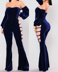  Sexy Dew Shoulder Hollow-out Dark Blue Velvet One-piece Jumpsuits