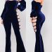  Sexy Dew Shoulder Hollow-out Dark Blue Velvet One-piece Jumpsuits