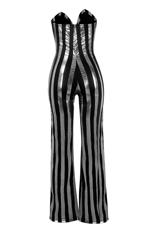  Sexy Dew Shoulder Striped Black-gold Polyester One-piece Jumpsuits