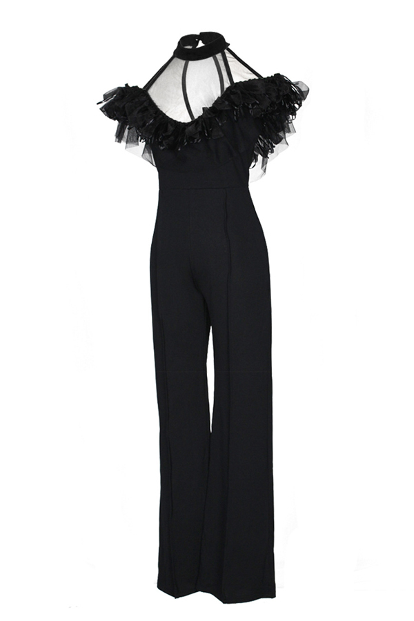  Sexy Gauze Patchwork Black Polyester One-piece Jumpsuits