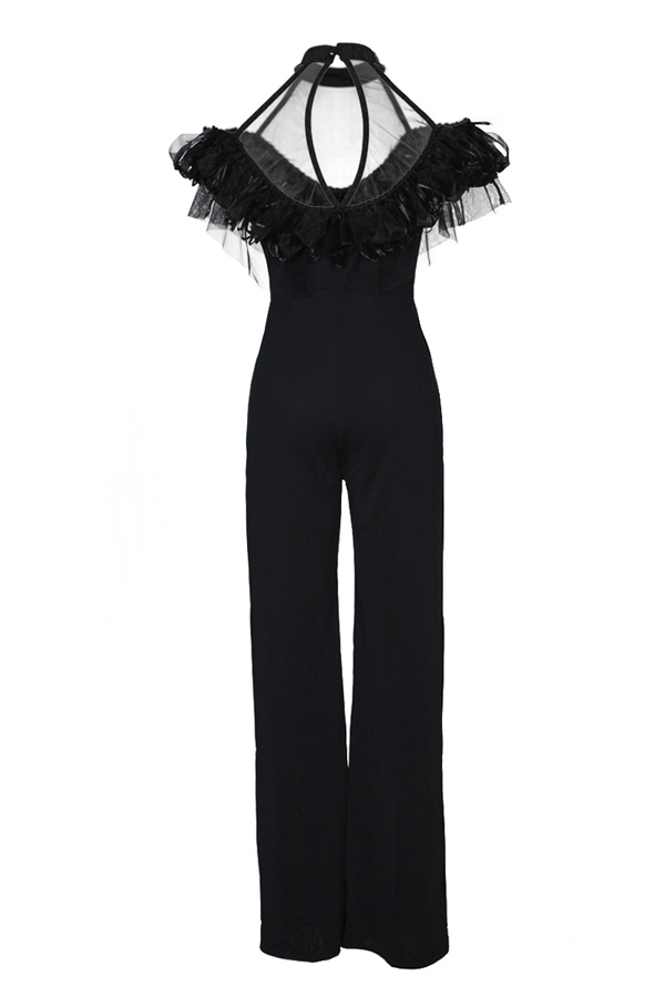  Sexy Gauze Patchwork Black Polyester One-piece Jumpsuits