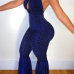  Sexy Halter Neck Backless Blue Polyester One-piece Jumpsuits