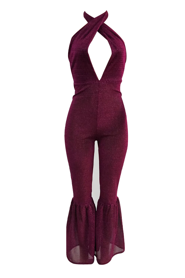  Sexy Halter Neck Backless Purple Polyester One-piece Jumpsuits