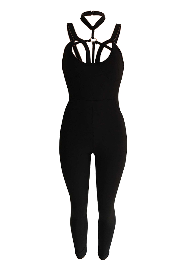  Sexy Halter Neck Hollow-out Black Polyester One-piece Jumpsuits