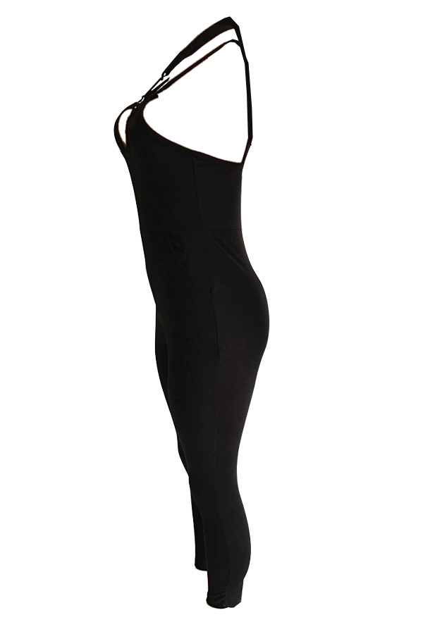  Sexy Halter Neck Hollow-out Black Polyester One-piece Jumpsuits