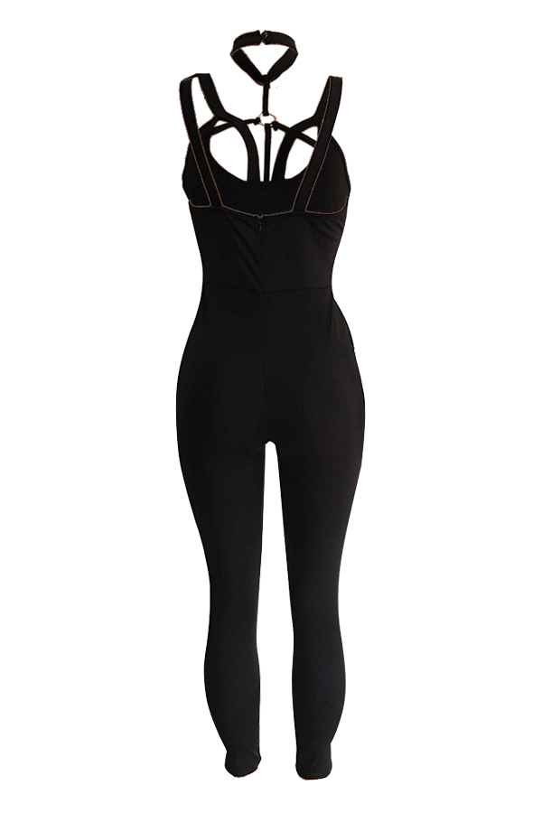  Sexy Halter Neck Hollow-out Black Polyester One-piece Jumpsuits