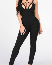  Sexy Halter Neck Hollow-out Black Polyester One-piece Jumpsuits