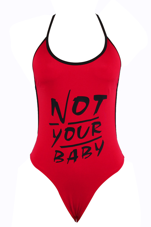  Sexy Halter Neck Letters Printed Backless Red Polyester One-piece Bodysuit