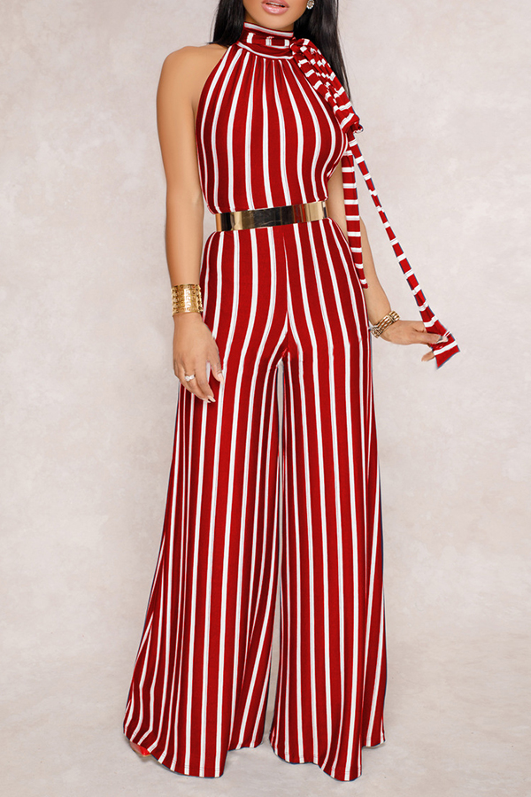  Sexy Halter Neck Striped Patchwork Backless Red Polyester One-piece Jumpsuits(Without Belt)