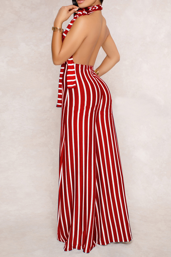  Sexy Halter Neck Striped Patchwork Backless Red Polyester One-piece Jumpsuits(Without Belt)