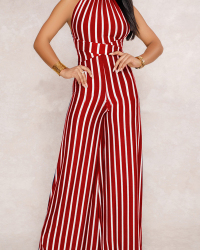  Sexy Halter Neck Striped Patchwork Backless Red Polyester One-piece Jumpsuits(Without Belt)