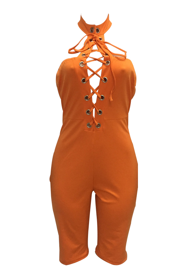  Sexy Hollow-out Orange Polyester One-piece Jumpsuits