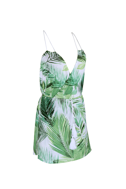  Sexy Lace-up Backless Leaf Printed Green Polyester One-piece Short Jumpsuits