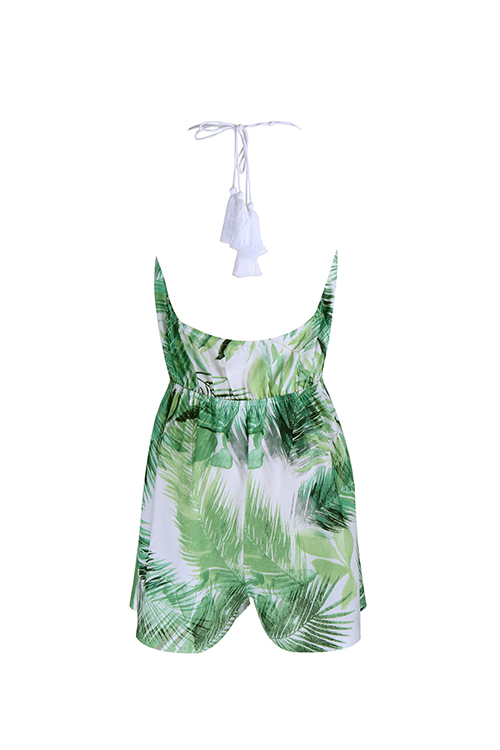  Sexy Lace-up Backless Leaf Printed Green Polyester One-piece Short Jumpsuits