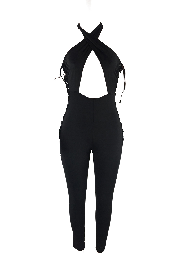  Sexy Lace-up Hollow-out Black Cotton One-piece Skinny Jumpsuits