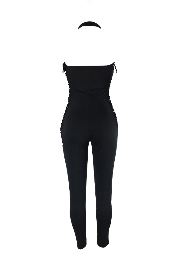  Sexy Lace-up Hollow-out Black Cotton One-piece Skinny Jumpsuits