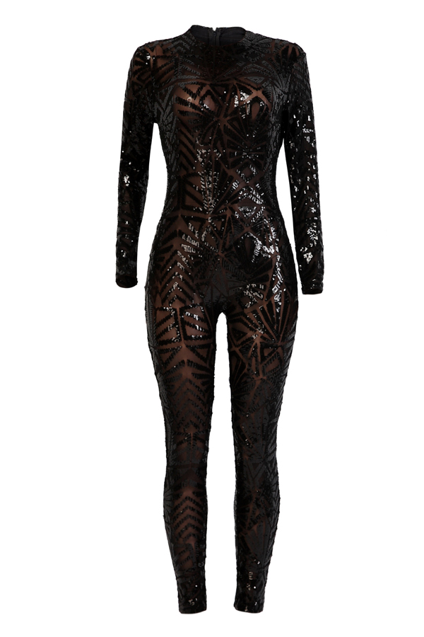  Sexy Printed See-Through Black Polyester One-piece Jumpsuits(Without Lining)