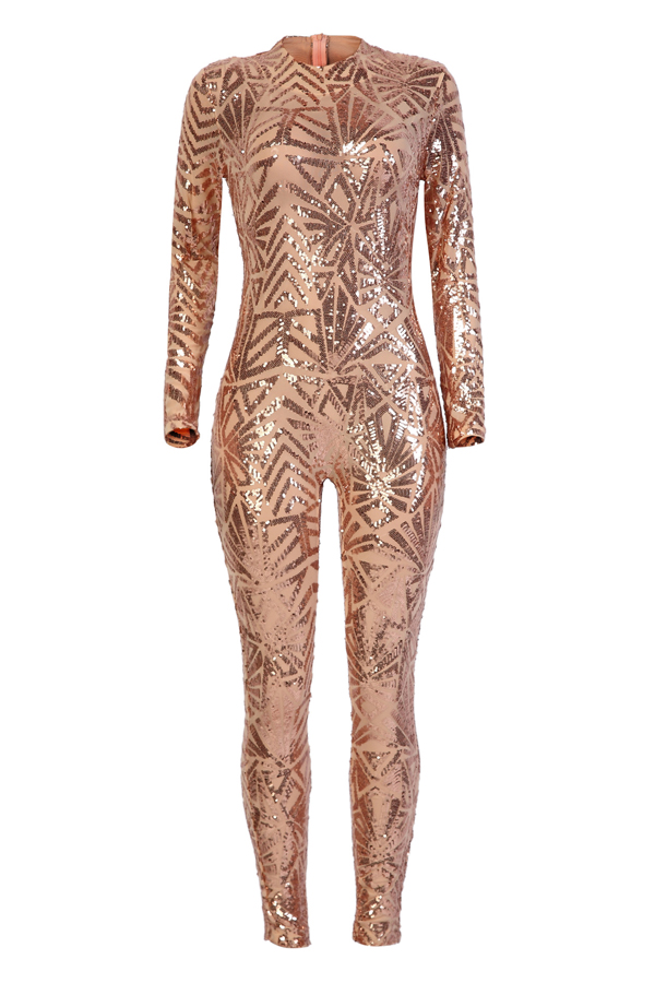  Sexy Printed See-Through Rose Gold Polyester One-piece Jumpsuits(Without Lining)