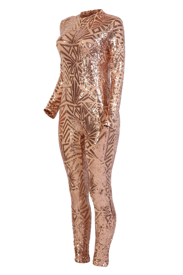  Sexy Printed See-Through Rose Gold Polyester One-piece Jumpsuits(Without Lining)