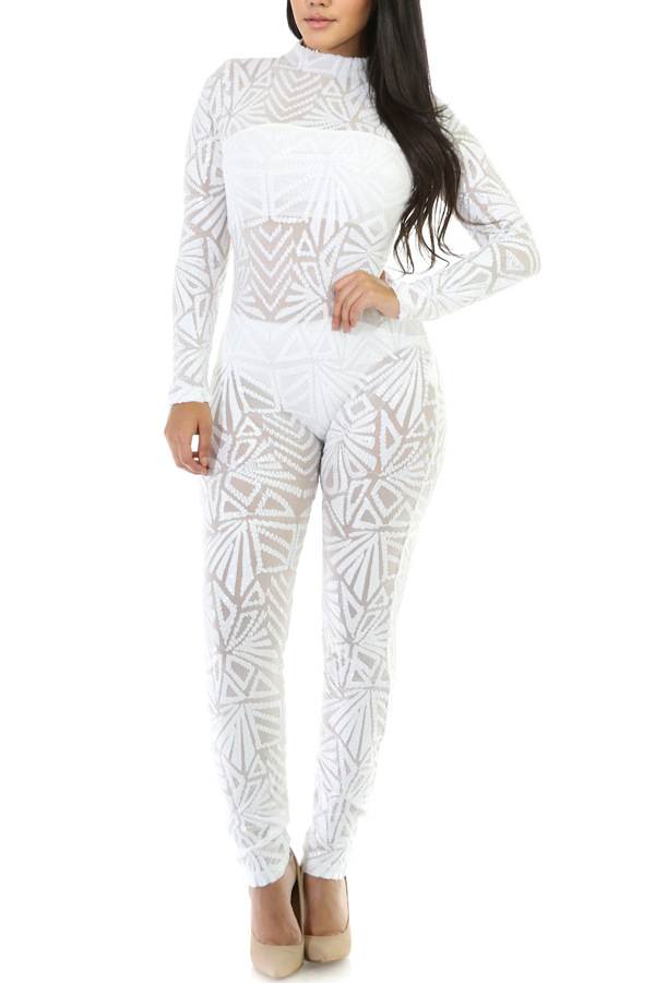  Sexy Printed See-Through White Polyester One-piece Jumpsuits(Without Lining)