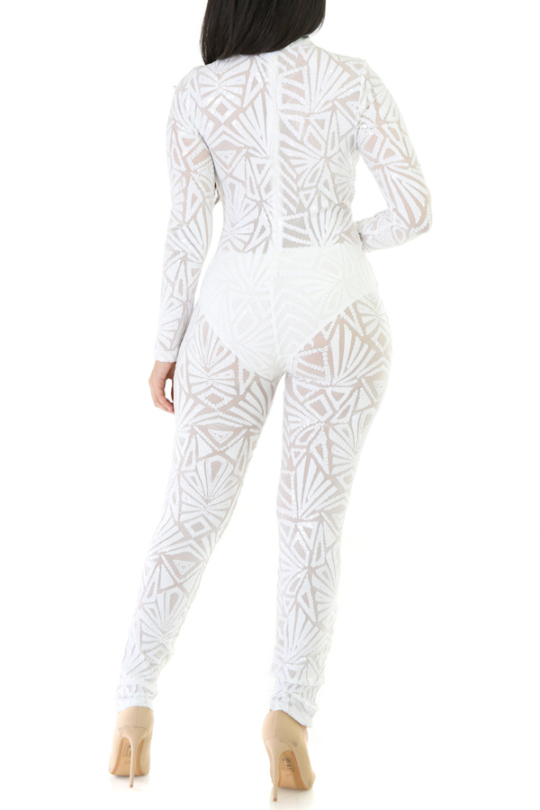  Sexy Printed See-Through White Polyester One-piece Jumpsuits(Without Lining)