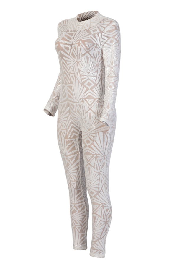  Sexy Printed See-Through White Polyester One-piece Jumpsuits(Without Lining)