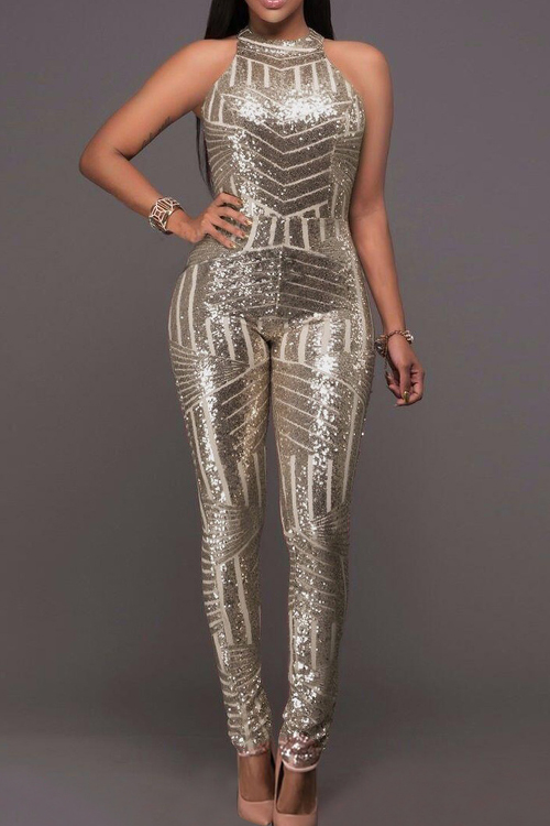  Sexy Round Neck Backless Sequins Decoration Champagne Polyester One-piece Jumpsuits