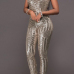  Sexy Round Neck Backless Sequins Decoration Champagne Polyester One-piece Jumpsuits