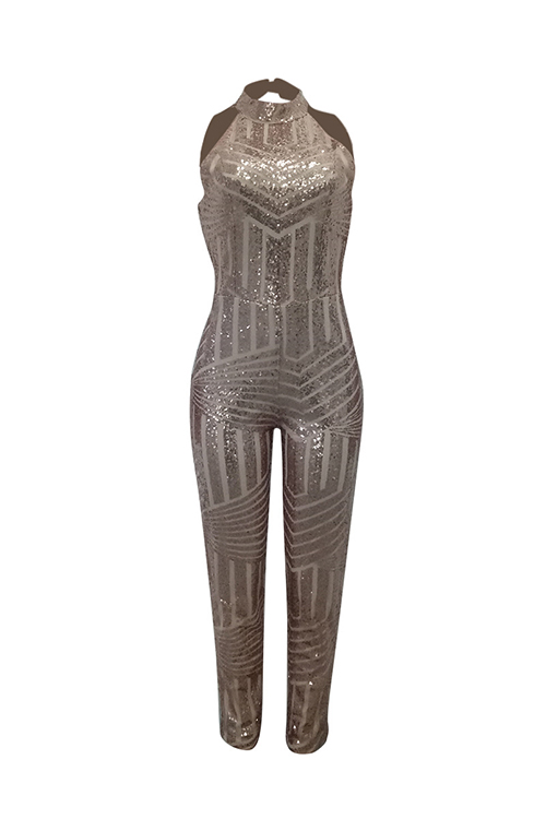  Sexy Round Neck Backless Sequins Decoration Champagne Polyester One-piece Jumpsuits