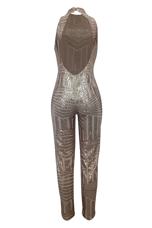  Sexy Round Neck Backless Sequins Decoration Champagne Polyester One-piece Jumpsuits