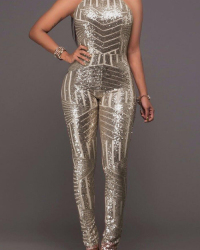  Sexy Round Neck Backless Sequins Decoration Champagne Polyester One-piece Jumpsuits